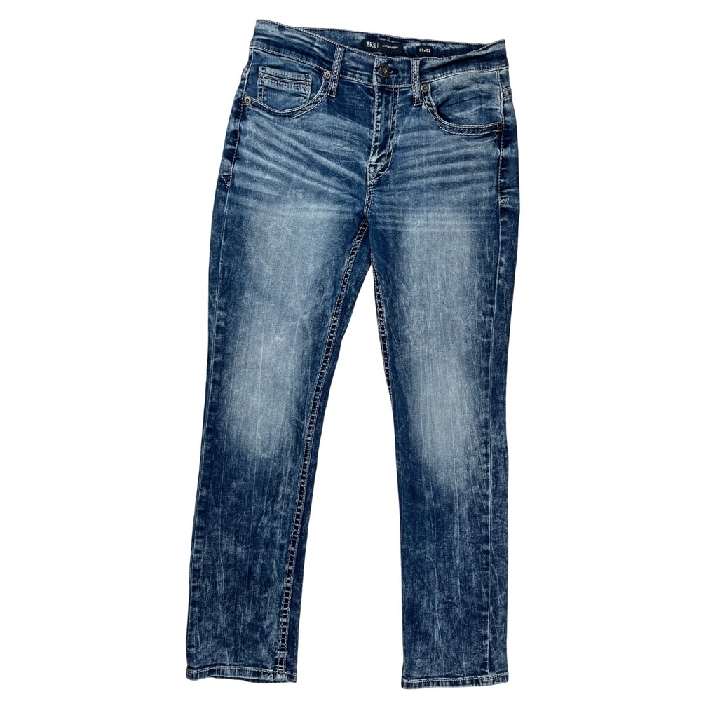 BKE Jake Straight Jeans Mens 32x32 Blue Medium Wash Distressed Thick Stitching
